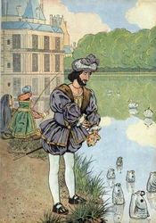 Scéna z dějin Francie v hračkách: Francouzský král Francois I. (1494-1547) dává chléb rybám z parku Fontainebleau. V “” Joujoux a l