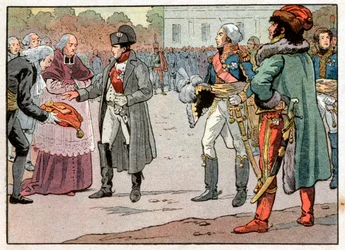 Obránci Vídně předali Napoleonovi I. Bonapartovi (1769-1821) klíče od města za přítomnosti Joachima Murata (1767-1815) dne 14.11.1805. Rytina Jacques Marie Gaston Onfray de Breville dit Job (1858-1931)