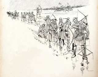 Déšť vyřadí z bitvy lučištníky armády francouzského krále Filipa VI. dit Philippe de Valois (1293-1350) zmáčením provazů luků během bitvy u Crecy v roce 1346 na začátku stoleté války. Ilustrace Joba (Jacques