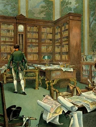 Pracovna Napoleona I. Bonaparta (1769-1821) v prvním patře Palais des Tuileries v době, kdy byl prvním konzulem. Psací stůl s knihovnou a hodinami ze dřeva. Ilustrace Jacquese Marie Gastona Onfraye de Breville, zvaného JOB (1858-1931). Soukromá sbírka