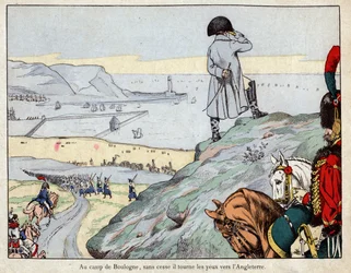 Projekt napadení Anglie anglickou armádou vedenou Napoleonem z tábora Boulogne-sur-Mer v březnu 1803 - litografie Job